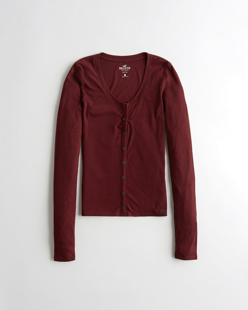 Magliette Hollister Donna Ribbed Henley Bordeaux Italia (153PQISY)